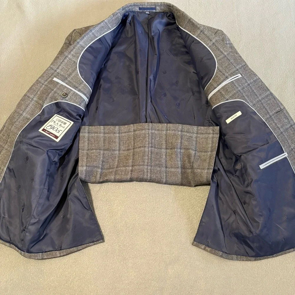 Jos A Bank Brrr Comfort‎ Blazer 40R Gray Windowpane Linen Wool Slim Fit Jacket